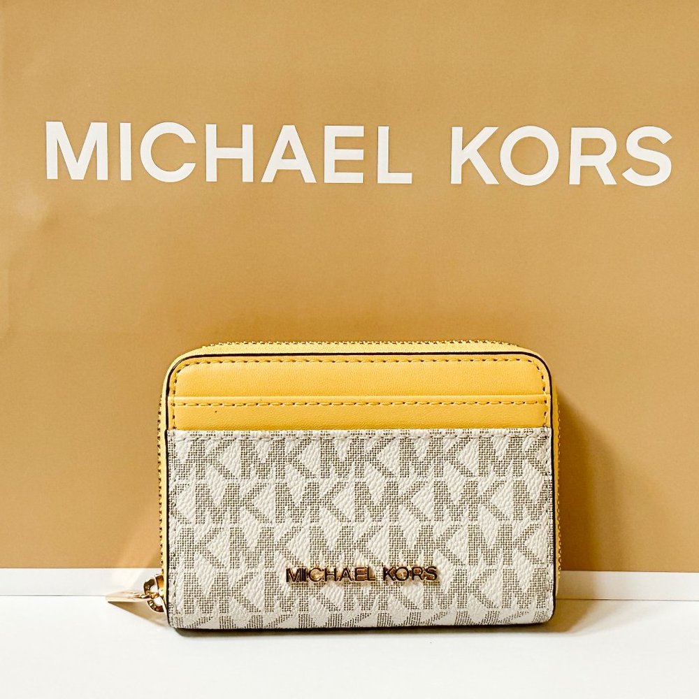 Michael Kors Jet Set Travel Card case Zip Around Wallet MK Yellow Daffodil Multi